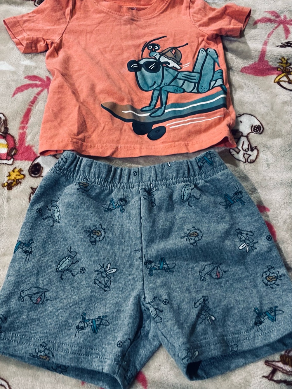 Carter's Coral Graphic Tee with Heather Blue Character Shorts